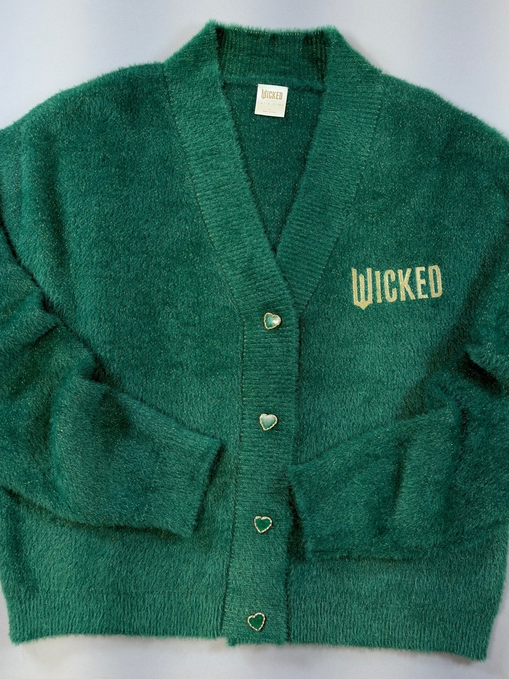 Wicked x Katie Kime Emerald Green Fuzzy Cardigan XL Heart Buttons Gold Sparkle